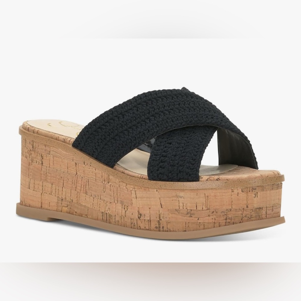 NWOT Jessica Simpson Women's Black Ediza Crochet Wedge Sandals